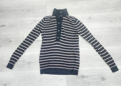 Suéter Tory Burch XS para mujer gris beige a rayas lana cachemir botón cuello falso Foto 1 de 4