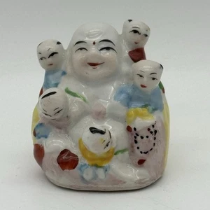 Vintage Keramik Porzellan Figur Happy Laughing Buddha Statue 5 Kinder 2 Zoll - Bild 1 von 6