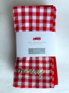 RACHEL ASHWELL Farmhouse 12pc Assorted Merry NAPKINS Solid Red Check - Picture 1 of 4