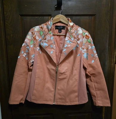 Colleen Lopez Floral Embroidered Faux Leather Moto Jacket Peach M Boho Edgy  - Image 1 of 4