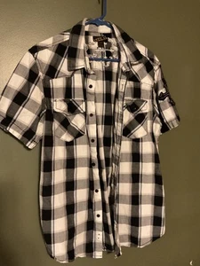 HELIX Shirt Mens Large Black n White Plaid Button Up Embroidered Rock WAY COOL - Picture 1 of 3