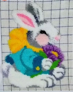 Easter Rabbit Bunny Latch Hook Rug Wall Hanging Completed 27" x 20" Vintage MCM - Picture 1 of 6