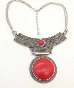 NWOT 18" Egyptian Style Faux Red Turquoise Crescent Pendant Choker Necklace Bib