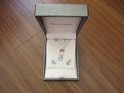 Rogers & Hollands 14k White Gold Blue Topaz Earrings & Necklace Pendant New NIB - Image 1 of 4