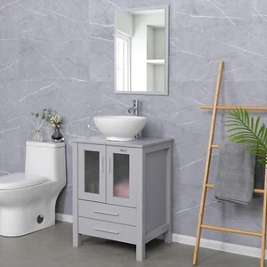24" Bathroom Vanity Gray Set Ceramic Vessel Sink Cabinet Faucet No Mirror - Picture 1 of 13