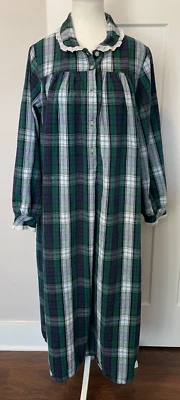 LANZ OF SALZBURG Vintage Womens Flannel NIGHTGOWN Blue Green PLAID Size M - Image 1 of 4