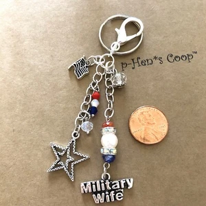 Military Wife W Flag Star RWB Purse Charm Key Chain FOB handmade USA 1722 - Picture 1 of 2