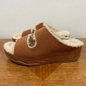 FitFlop Womens Slides 7 Chestnut Shuv Two Bar Shearling Lined Suede Wedge - Picture 1 of 10