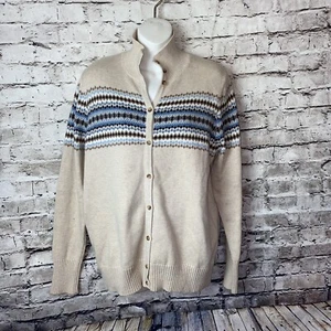Eddie Bauer Mens Sweater Beige Large Fair Isle Button Front Angora Rabbit Blend - Picture 1 of 17