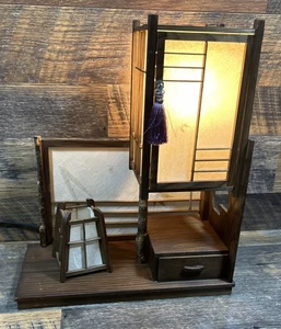 Vintage Shoji Japanese table lamp wood & Rice paper panels 12” X 5.5” X 14” Tall - Picture 1 of 7