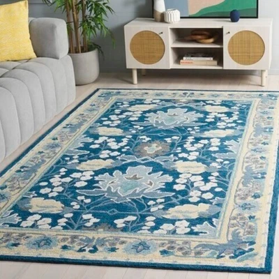 8x10 Arts & Crafts William Morris Style Hand-Hooked Wool Blue Rug *FREE SHIPPING - Image 1 of 4