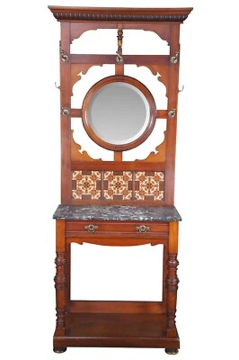 Antigua consola de entrada con soporte de árbol de pasillo de caoba artesanías con mármol y espejo Foto 1 de 4