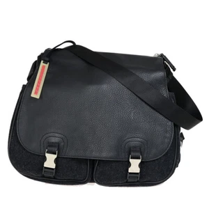 PRADA Sports Logo Crossbody Shoulder Bag Wool Leather Black SHW Italy 76YF636 - Picture 1 of 22