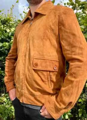 Leather Suede Genuine Men Biker Bomber Jacket L Tan Brown Vintage - Image 1 of 4