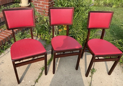 LOT OF 3 VTG MCM STAKMORE FOLDING WOODEN CHAIRS RED VINYL SEATS BACKS MAHOGANY Cover