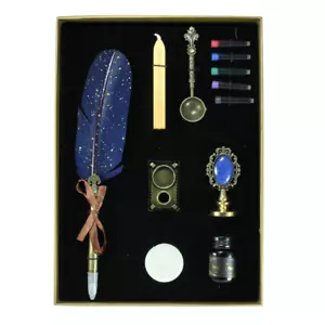 Calligraphy Pen Set 12pce 25cm Blue/Gold Feather, Ink, Cartridges, Wax, Stamp - Picture 1 of 5