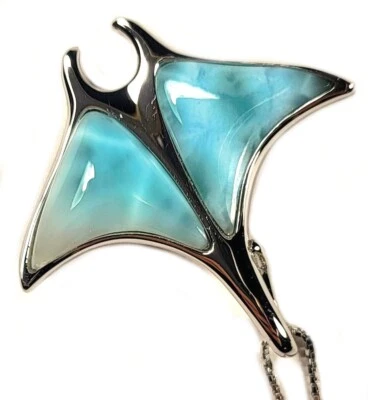 Colgante Larimar Manta Ray en Plata de Ley 925 + 18" Plata Collar Cadena Foto 1 de 4
