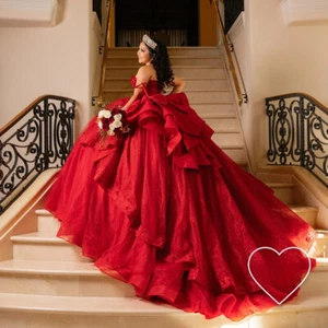 Red Quinceanera Dress Ball Gown Shiny Applique Flower Tiered Lace-up Sweet 16 - Picture 1 of 6