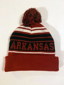 Captivating Headwear Arkansas Winter Beanie Hat Cap Red Blk Wht Pom Pom Stripes - Picture 1 of 9