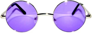 KIDS CHILD SIZE COLORED PURPLE ROUND LENS SUNGLASSES SILVER FRAME HIPPIE TRENDY - Picture 1 of 5