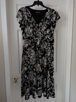 Vestido midi para mujer Jones New York Fit & Flare negro blanco talla 14 Foto 1 de 4