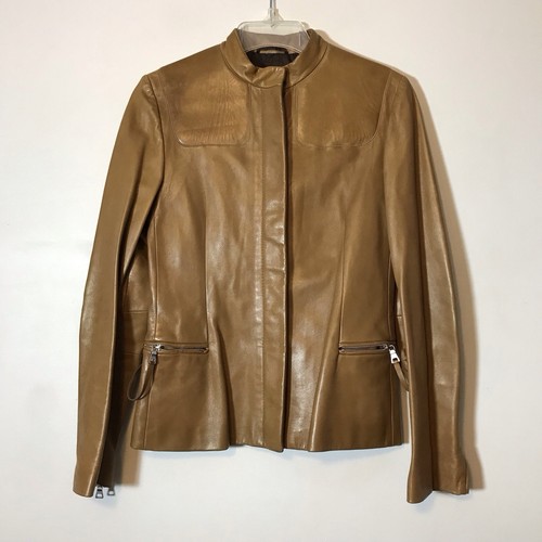 Giacca Prada pelle marrone rovere moto biker full zip Y2K toppa gomito taglia 40 Italia