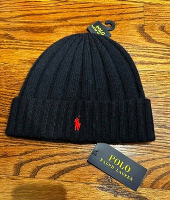 Polo Ralph Lauren Invierno Sombrero Gorro Mezcla Lana Puño Punto Acanalado Azul Rojo Nuevo con Etiquetas Foto 1 de 4