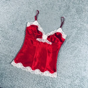 Babydoll vintage y2k rojo/blanco encaje coqueta sedoso camiseta sin mangas lencería íntima s - Imagen 1 de 6