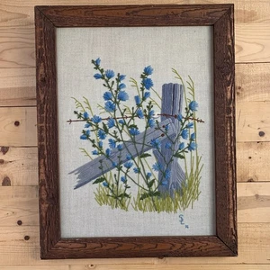 Large VTG Cross Stitch Hand Made Wood Framed Cottage Core Farm Cabin Boho Floral - Picture 1 of 8