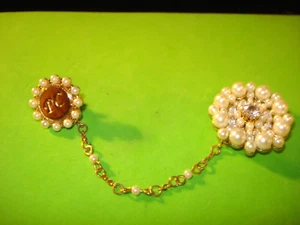 Vintage Faux Pearls Rhinestone Floral Sweater Dress Clip Guard Initials PC - Picture 1 of 4