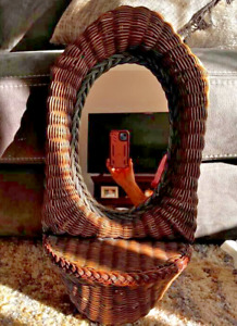 Vintage Woven Wicker/Rattan Wall Oval Mirror & Shelf Boho Beach Decor