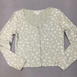 Women's Crop Top L Sage Ditsy Floral Long Sleeve Henley Cottagecore Y2K - Picture 1 of 8