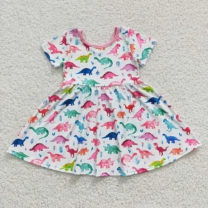 Summer Girls Clothing Colorful Dinosaur Short Sleeve Twirl Dress - Picture 1 of 1