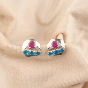 Natural Ruby And Apatite Gemstone Studs Sterling Silver Sunrise Earrings Gifts - Picture 1 of 7