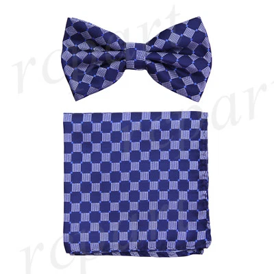 Nuevo conjunto de pajarita y pañuelo preatado para hombre cuadros azules y cuadros formal boda graduación Foto 1 de 4