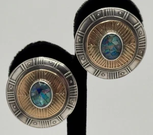 Tabra Signed Sterling Silver Mosaic Opal Round Shield Earrings - Picture 1 of 22