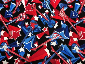 Guitars and Stars Timeless Treasures Fabric Red White Blue on Black OOP 1/2 YD - Picture 1 of 2