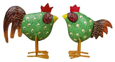 Hahn & Henne Hühner Huhn Deko Figur Metall Garten Skulptur 11 cm Landhaus Grün - Bild 1 von 4