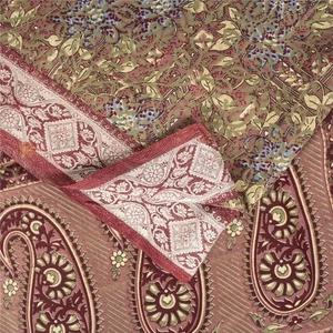 Sanskriti Vintage Red & Green Sarees Moss Crepe Printed Sari 5+Yd Craft Fabric  - Picture 1 of 12