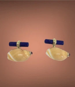 Men's Shell Lapis Lazuli Ruby 18k Yellow Gold Cufflinks - Picture 1 of 4
