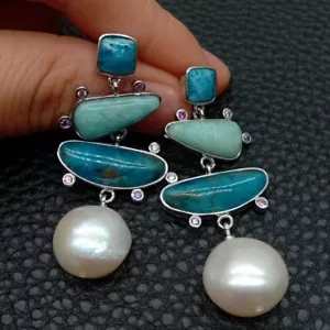 Pendientes colgantes blancos de agua dulce verde amazonita azul apatita - Imagen 1 de 6