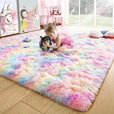 Noahas Fluffy Rug for Girls Bedroom Pink Rugs for Bedroom 4 x 6 Feet Rainbow