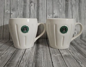 2 Starbucks Barista Mermaid Logo Pleated Ceramic Coffee Tea Mugs Cups White Pair - Picture 1 of 6