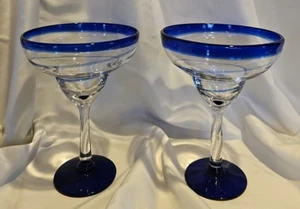 Lot of 2 Pier 1 Imports SWIRLINE Cobalt Blue Swirl MARGARITA GLASSES - Picture 1 of 5