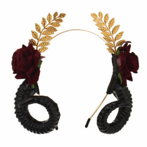 Gothic Women Simulated Black Sheep Horn Hair clip With Floral Leaves Headwear