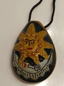 Vintage Peruvian Clay Art Sun And Moon Musical Flute Pendant - Picture 1 of 3