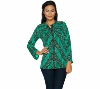 Blusa Bob Mackie Estampada Encaje Rayas Jersey Botón Frontal Turquesa Mediana Foto 1 de 3