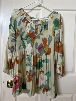 Spense Womens Tunic Top Blouse Floral Crinkle Flare Bell sleeves Size Large - Image 1 of 4