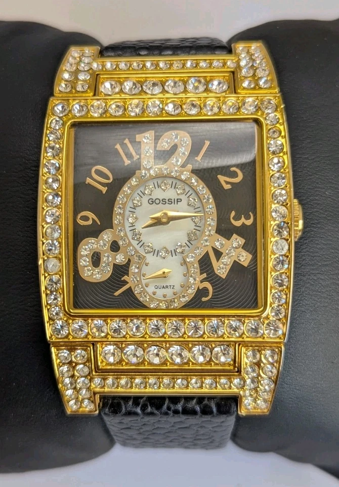 Reloj de cuarzo para mujer Gossip GSP684 Bejeweled 35 mm tono dorado correas de cuero negro Foto 1 de 4