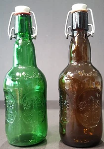 Lot of 2 Vintage Green & Brown Glass Beer Bottle Grolsch Lager Swing Top Lid Cap - Picture 1 of 17